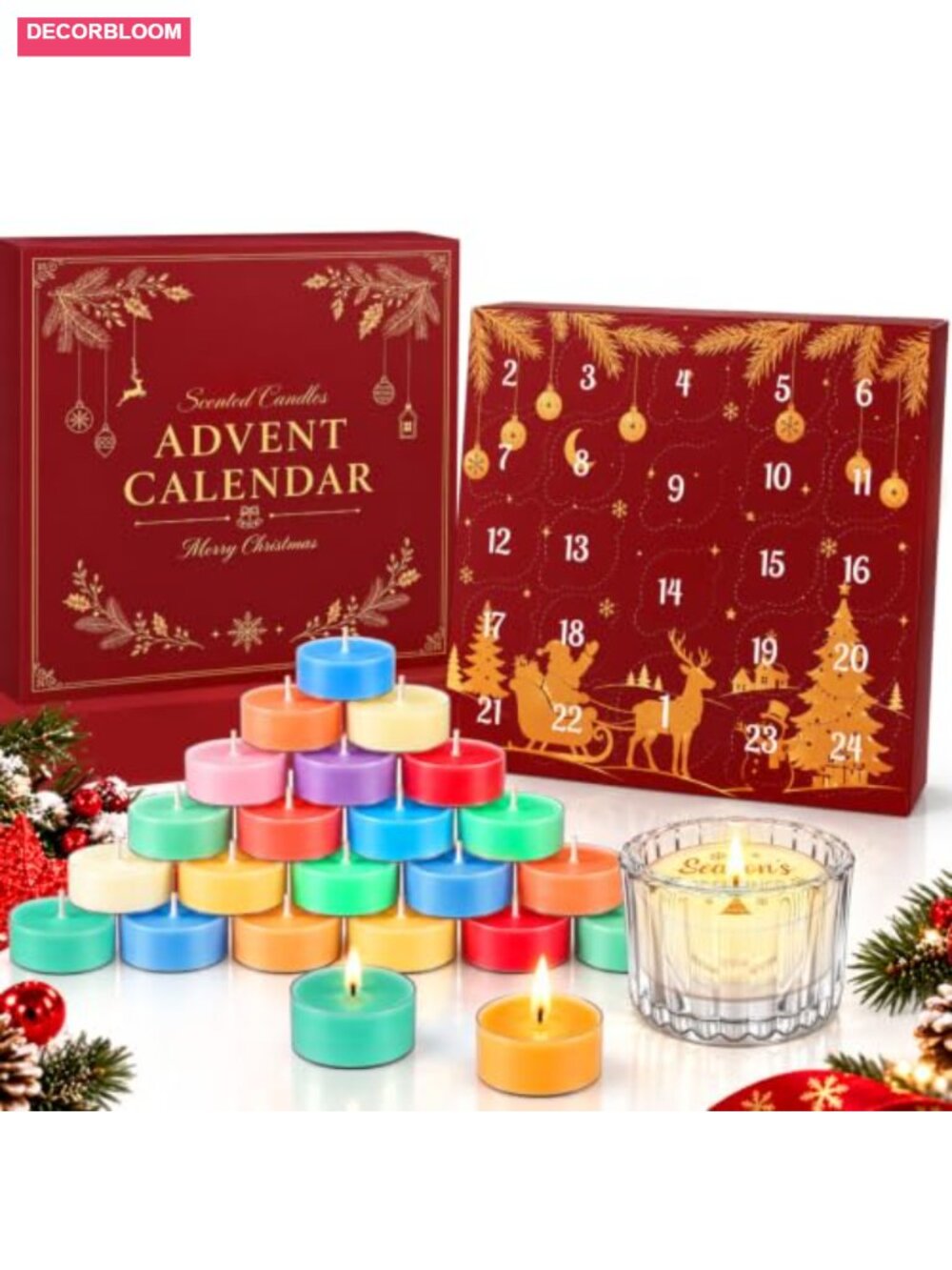 24 Day Candle Advent Calendar Scented Tealights Hidden Messages Glass Holder
